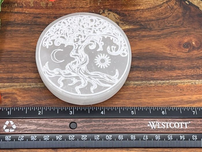 Selenite Charging Station Etched With Tree of Life Design & 7 Chakra Tumbled Stones | Round Charging Plate | Chakra Activator | Reiki