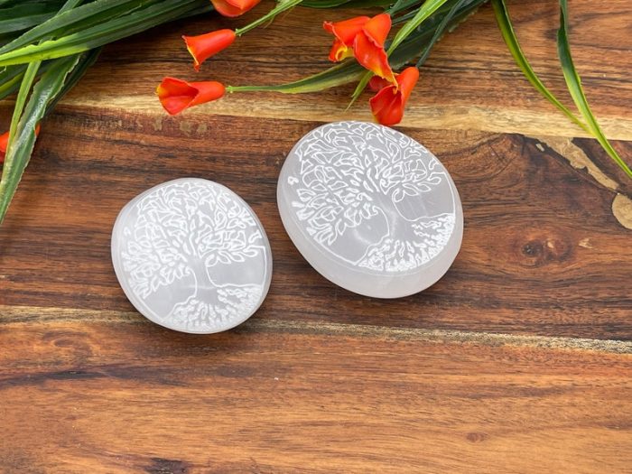 Selenite Palm Stone Etched with Tree of Life Design | Selenite Pocket Stone | Chakra Activator | Reiki | Meditation | Powerful Healer