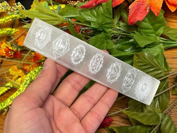 Selenite Charging Station Etched with 7 Chakra Signs | Flat Rectangular Plate | Chakra Activator | Spiritual Growth | Meditation | 6" & 8"