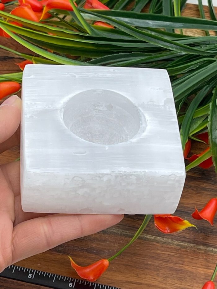 Selenite Tealight Candle Holder | Square Shape Candle Holder | Authentic and Hand Carved | Home Decor | Soothing & Calming Effects | 3 Inch