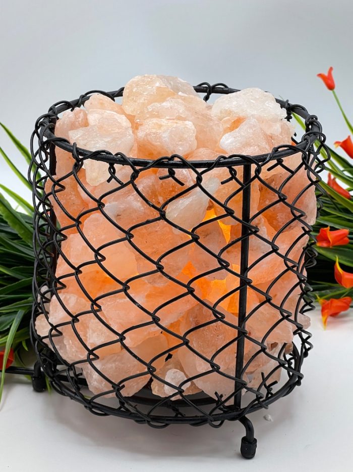 Himalayan Salt Lamp Iron Basket with Pink Salt Chunks, Night Light, Home Decor, 7" Height, Electric Cord & Bulbs Included