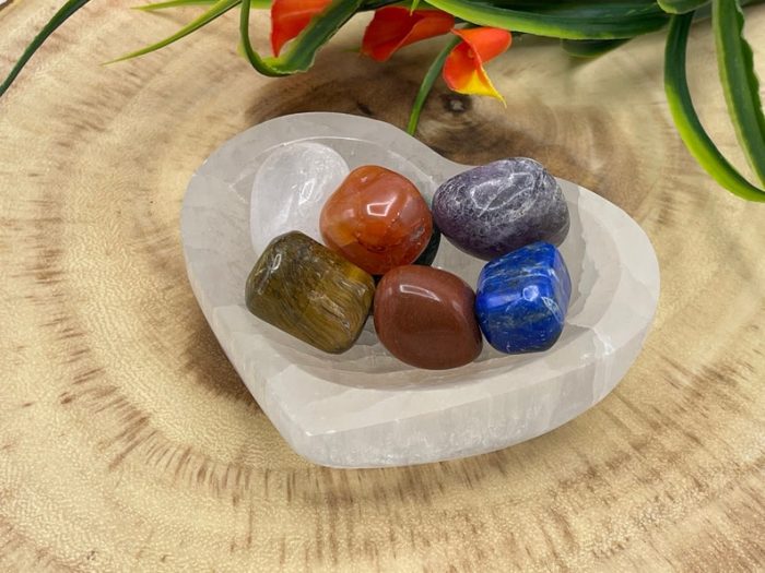 Selenite Heart Shape Charging Bowl With 7 Chakra Tumbled Stone & Velvet Pouch | Chakra Activator | Crystal Cleansing Bowl | Reiki