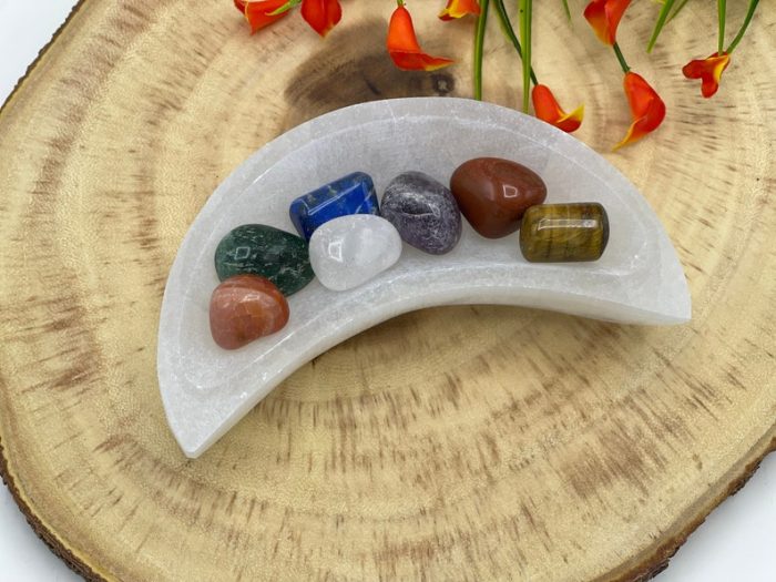 6" Selenite Crescent Moon Shape Charging Bowl With 7 Chakra Tumbled Stones | Velvet Pouch | Chakra Activator | Reiki | Charging Station