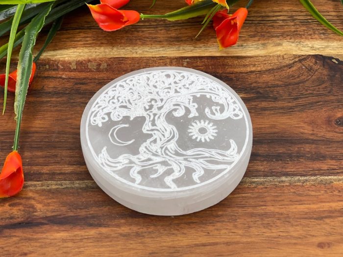 Selenite Charging Station Etched with Tree of Life Design | Round Charging Plate | Chakra Activator | Meditation | Powerful Healer | 3 inch