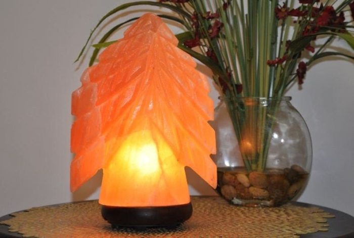 Himalayan Pink Salt Christmas Tree Shape Lamp, Authentic, Dimmer Switch, Wood Base, Night Light, Home Decor, 9" Height