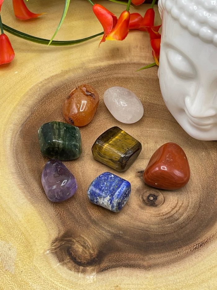 7 Chakra Tumbled Stones Set With Velvet Pouch & Selenite Charging Plate | Tumbled Crystals | Healing Crystal | Chakra Protection Healing Set