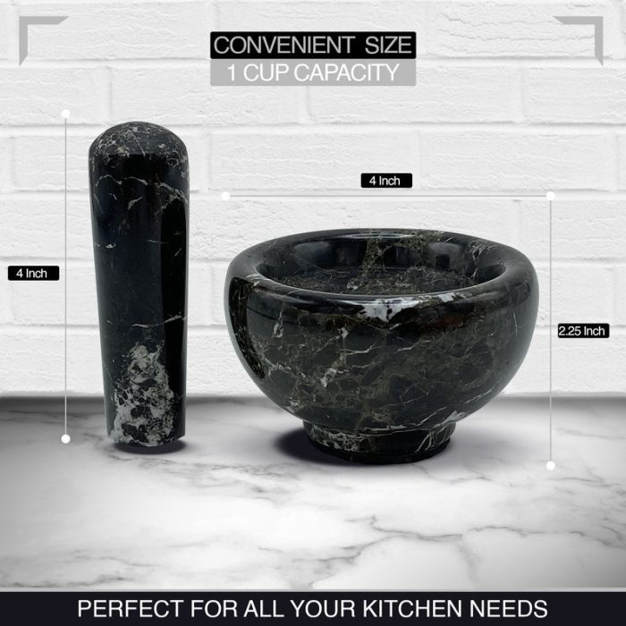 Black & White Marble Mortar and Pestle Set With Anti Scratch Pad, Perfect for Spices, Herbs, Seasonings, 1 Cup Capacity, Detergent Safe