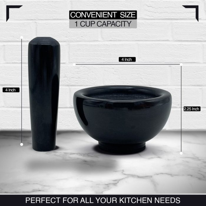 Jet Black Marble Mortar and Pestle Set With Anti Scratch Pad, Perfect for Spices, Herbs, Seasonings, 1 Cup Capacity, Detergent Safe