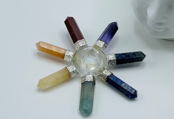 7 Chakra Energy Generator | Polished Stones | 7 Chakra Stone With Clear Quartz Center Pyramid | Reiki Stone | Metaphysical | 4" Diameter