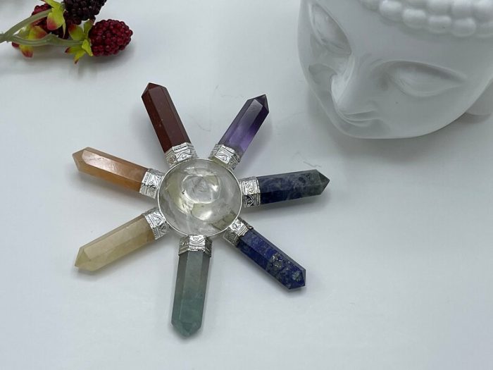 7 Chakra Energy Generator | Polished Stones | 7 Chakra Stone With Clear Quartz Center Pyramid | Reiki Stone | Metaphysical | 4" Diameter