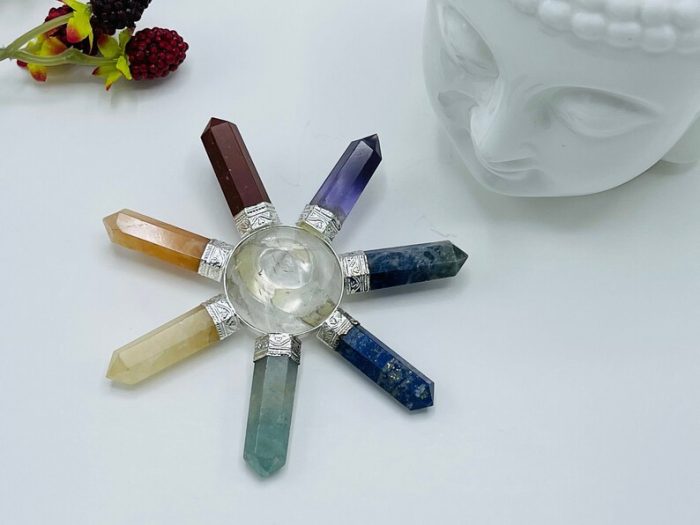 7 Chakra Energy Generator | Polished Stones | 7 Chakra Stone With Clear Quartz Center Pyramid | Reiki Stone | Metaphysical | 4" Diameter