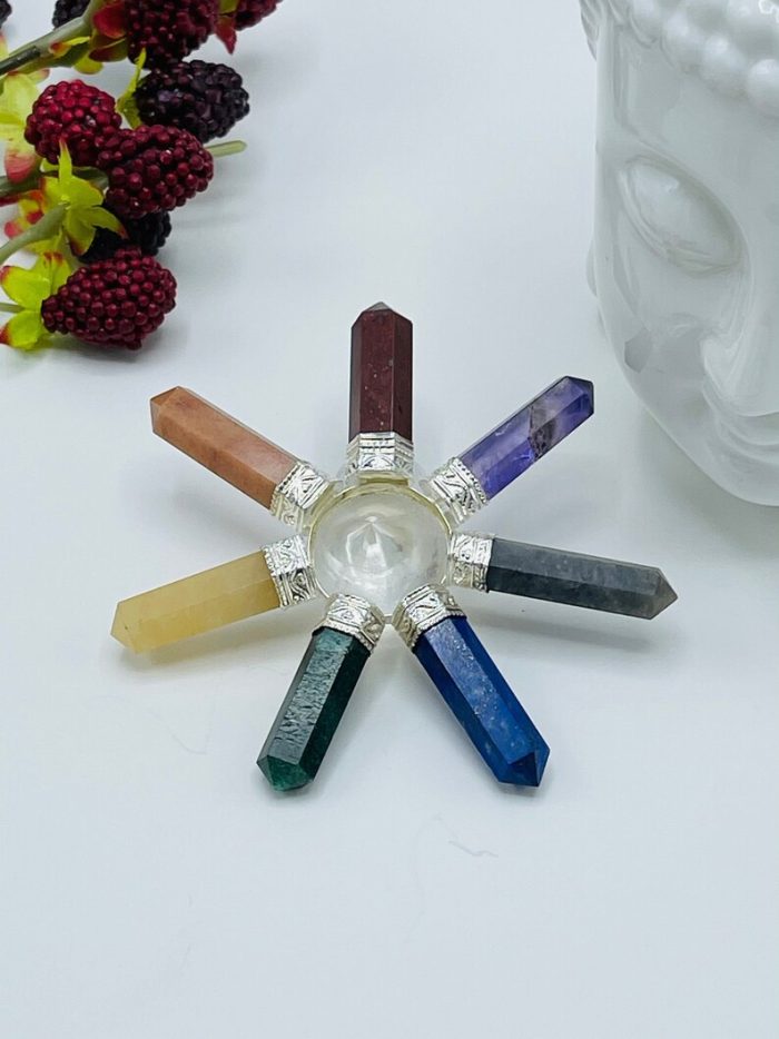 7 Chakra Energy Generator | Polished Stones | 7 Chakra Stone With Clear Quartz Center Pyramid | Reiki Stone | Metaphysical | 3.5" Diameter