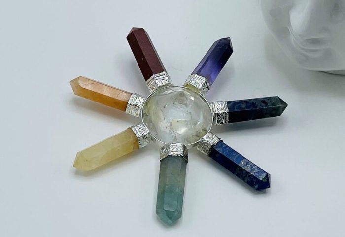 7 Chakra Energy Generator | Polished Stones | 7 Chakra Stone With Clear Quartz Center Pyramid | Reiki Stone | Metaphysical | 4" Diameter