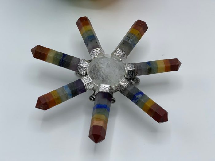 7 Chakra Bonded Energy Generator | Polished Stones | 7 Chakra Stone With Clear Quartz Center Pyramid | Reiki Stone | Metaphysical | 4.5"