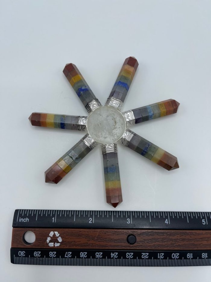 7 Chakra Bonded Energy Generator | Polished Stones | 7 Chakra Stone With Clear Quartz Center Pyramid | Reiki Stone | Metaphysical | 4.5"