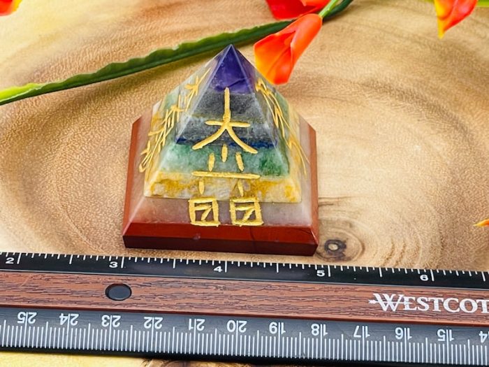 7 Chakra Crystal Bonded Pyramid with Engraved Reiki Symbols | Reiki Pyramid | Chakra Pyramid | Healing Stone | Usui Reiki Symbols | 2 Inch