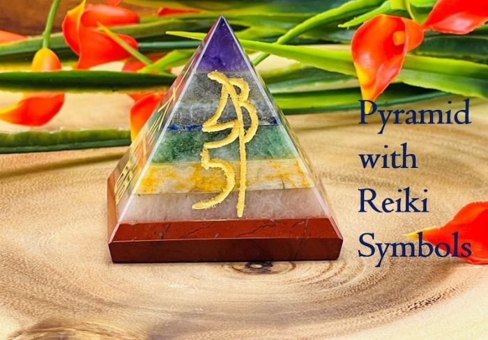 7 Chakra Crystal Bonded Pyramid with Engraved Reiki Symbols | Reiki Pyramid | Chakra Pyramid | Healing Stone | Usui Reiki Symbols | 2 Inch