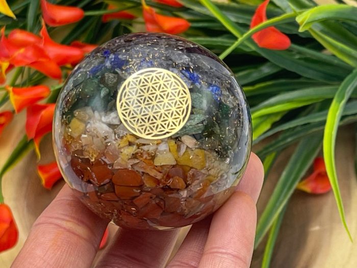 7 Chakra Layered Orgone Sphere with Flower of Life Symbol | Chakra Healing Crystals | Chakra Balancing | Metaphysical | 2.5 inch (65 mm)