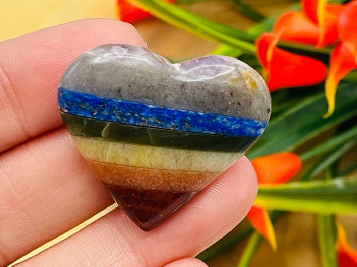 7 Chakra Bonded Heart Stone | Polished Stones | Chakra Healing Crystals | Reiki Chakra Heart | Chakra Balancing | Metaphysical | 1.5 inch