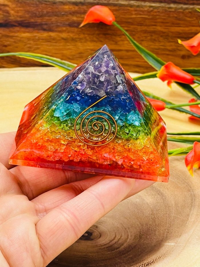 7 Chakra Layered Orgone Pyramid with Reiki Symbol of Spiral | Chakra Healing Crystals | Chakra Chip Orgonite Pyramid | Reiki Crystals | 3"