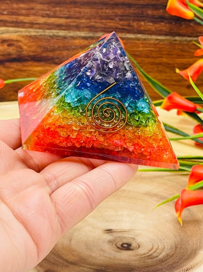 7 Chakra Layered Orgone Pyramid with Reiki Symbol of Spiral | Chakra Healing Crystals | Chakra Chip Orgonite Pyramid | Reiki Crystals | 3"