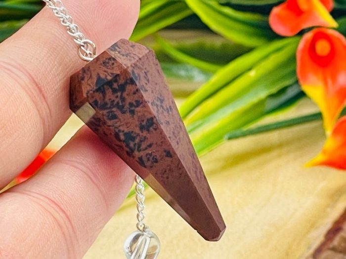 Mahogany Obsidian Crystal Pendulum With Silver Plated Chain | Mahogany Obsidian Point Pendulum | Healing Dowsing Energy Balancing | Faceted