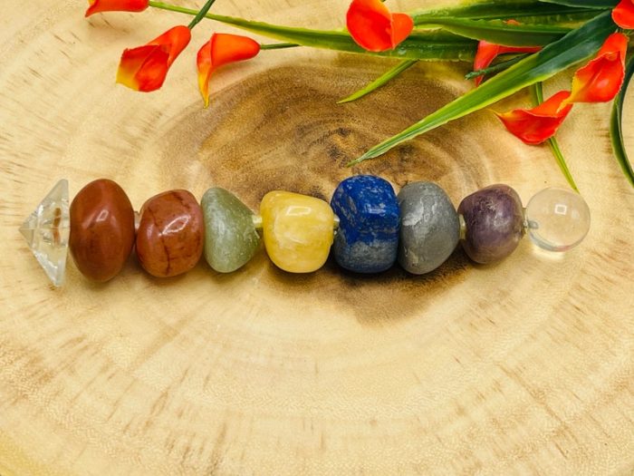 7 Chakra Tumbled Stone Wand | Polished Stones | 7 Chakra Clear Quartz Pyramid Pointer Wand | Reiki Stone | Massage Healing Wand | 6 inch