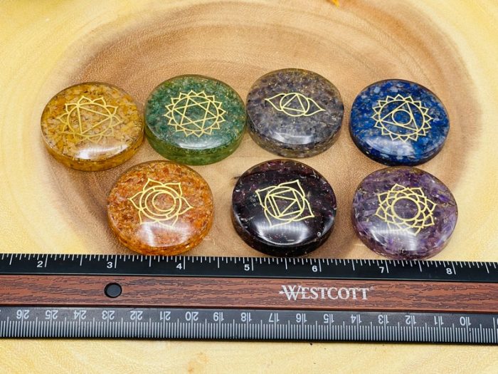 7 Chakra Round Orgone Smooth Stone Set With Engraved Chakra Symbols | Chakra Healing Palm Crystal | Reiki Chakra | Chakra Pocket Stones