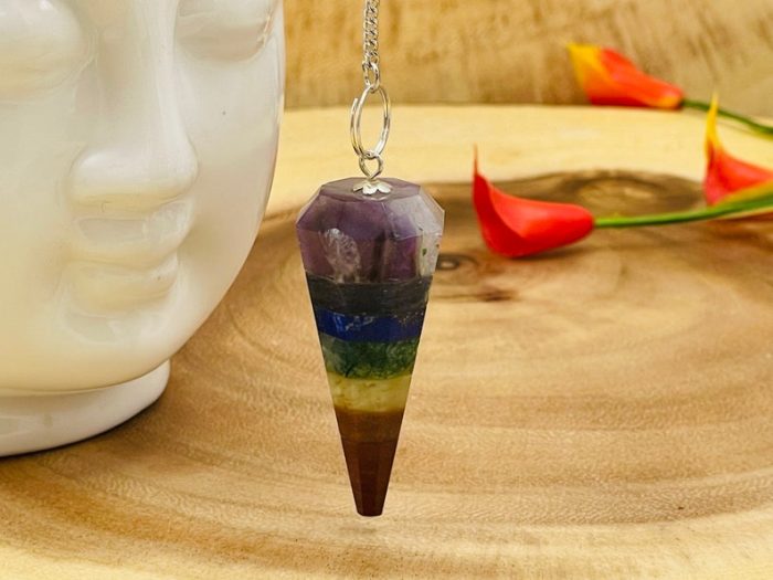 7 Chakra Bonded Pendulum With Silver Plated Chain | Polished Stones | Chakra Point Pendulum | Healing Dowsing Energy Balancing | Faceted