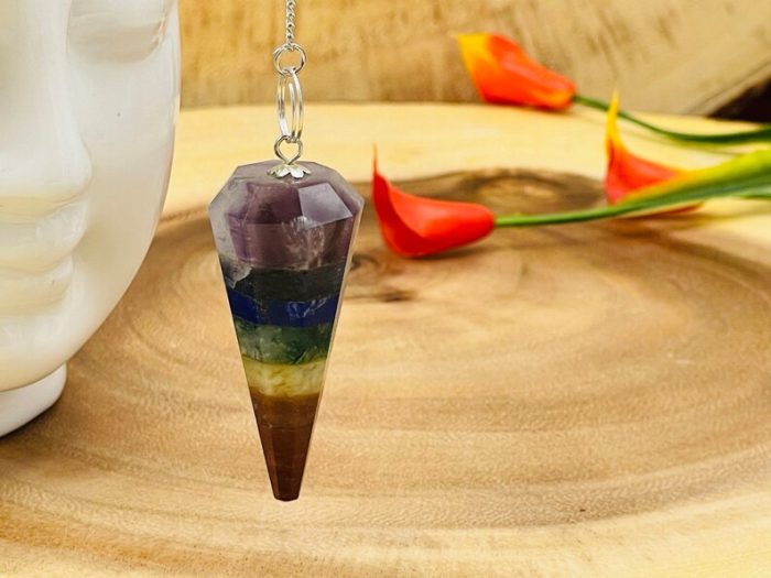 7 Chakra Bonded Pendulum With Silver Plated Chain | Polished Stones | Chakra Point Pendulum | Healing Dowsing Energy Balancing | Faceted