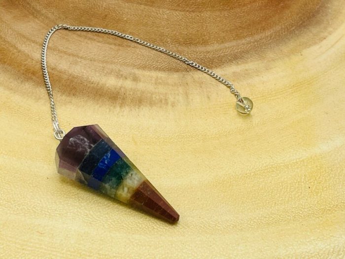 7 Chakra Bonded Pendulum With Silver Plated Chain | Polished Stones | Chakra Point Pendulum | Healing Dowsing Energy Balancing | Faceted