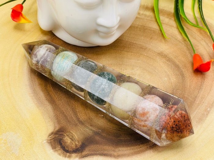 7 Chakra Tumbled Stone Orgone Wand | Polish Stones | 7 Chakra Wand | Reiki Stone | Massage Healing Wand | 6 inch