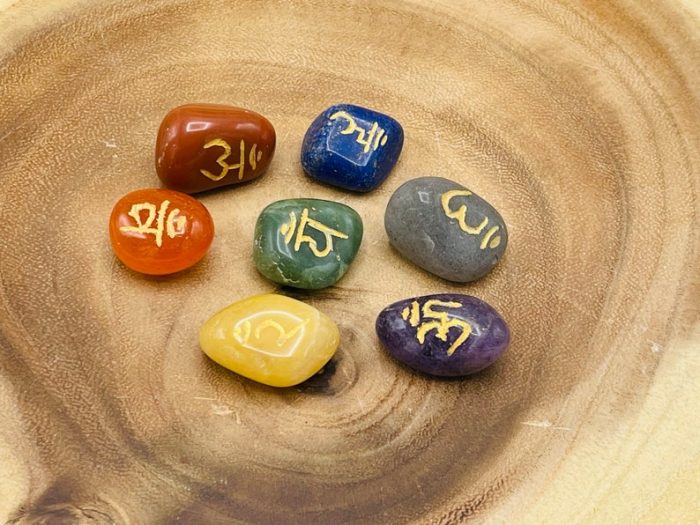 7 Chakra Sanskrit Tumbled Stone Set with Chakra Symbols | Polished Stones | Chakra Healing Crystals | Chakra Protection Healing Set