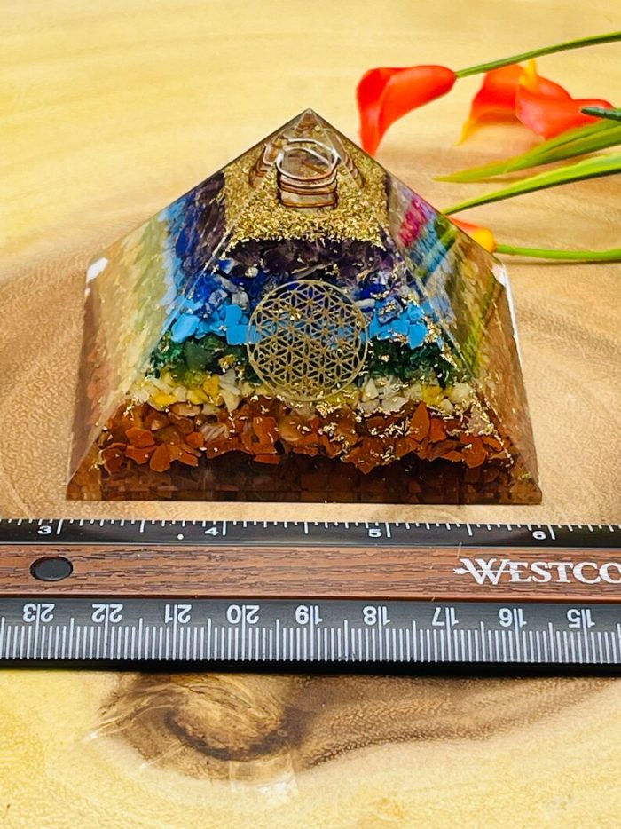 7 Chakra Layered Orgone Pyramid with Symbol of Flower of Life | Chakra Healing Crystals | Life Energy Pyramid | Reiki Crystals | 3 inch