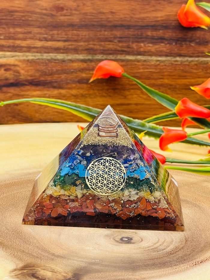 7 Chakra Layered Orgone Pyramid with Symbol of Flower of Life | Chakra Healing Crystals | Life Energy Pyramid | Reiki Crystals | 3 inch