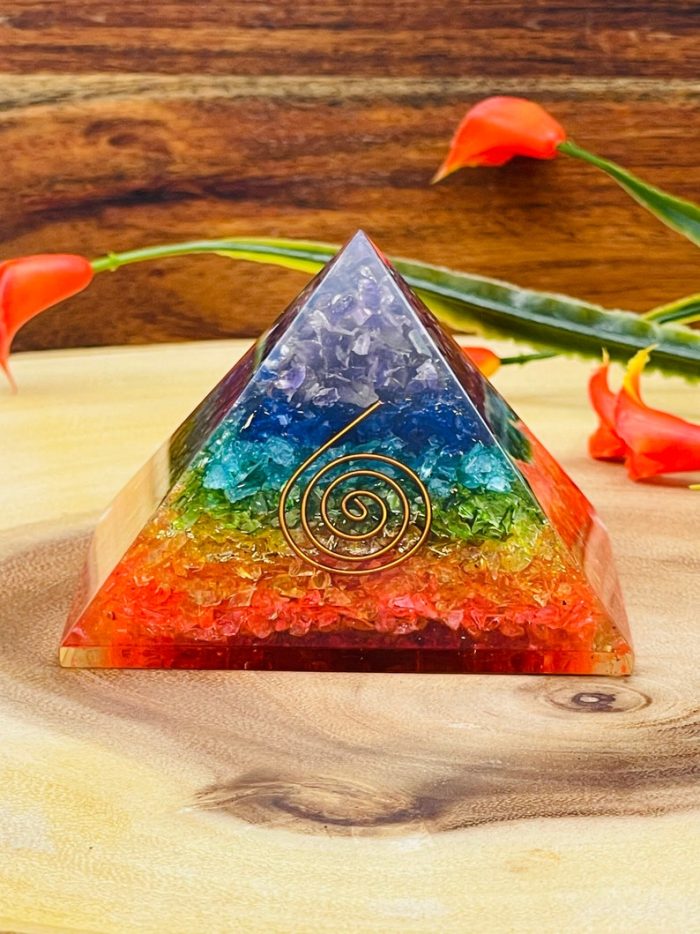 7 Chakra Layered Orgone Pyramid with Reiki Symbol of Spiral | Chakra Healing Crystals | Chakra Chip Orgonite Pyramid | Reiki Crystals | 3"