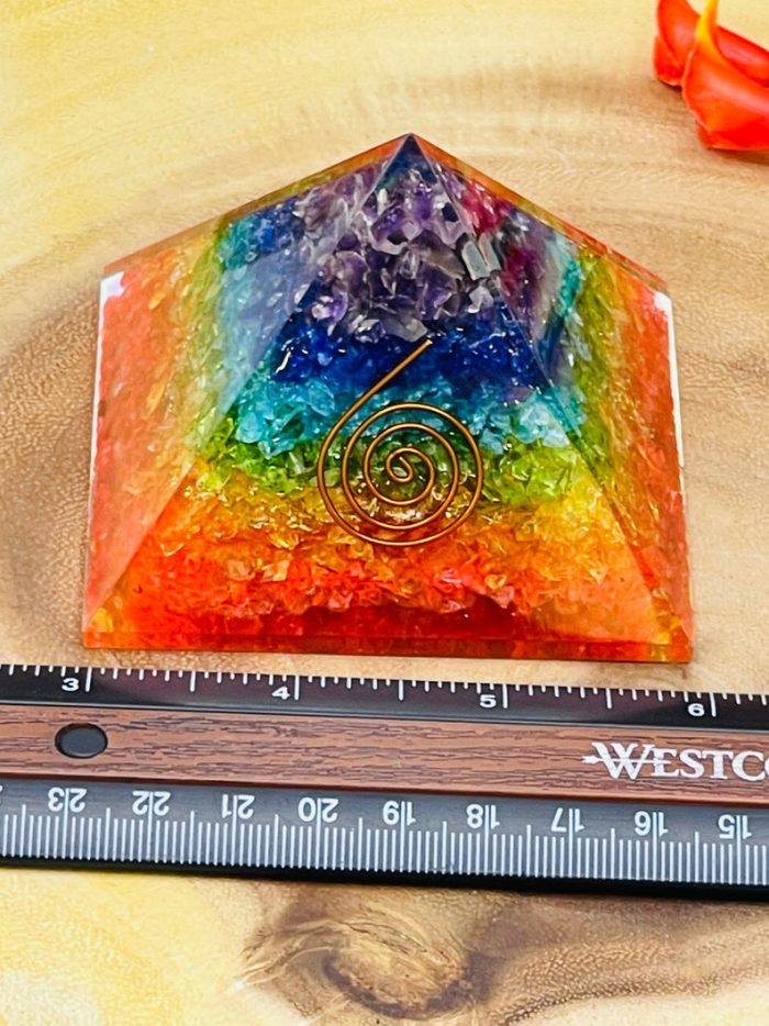 7 Chakra Layered Orgone Pyramid with Reiki Symbol of Spiral | Chakra Healing Crystals | Chakra Chip Orgonite Pyramid | Reiki Crystals | 3"