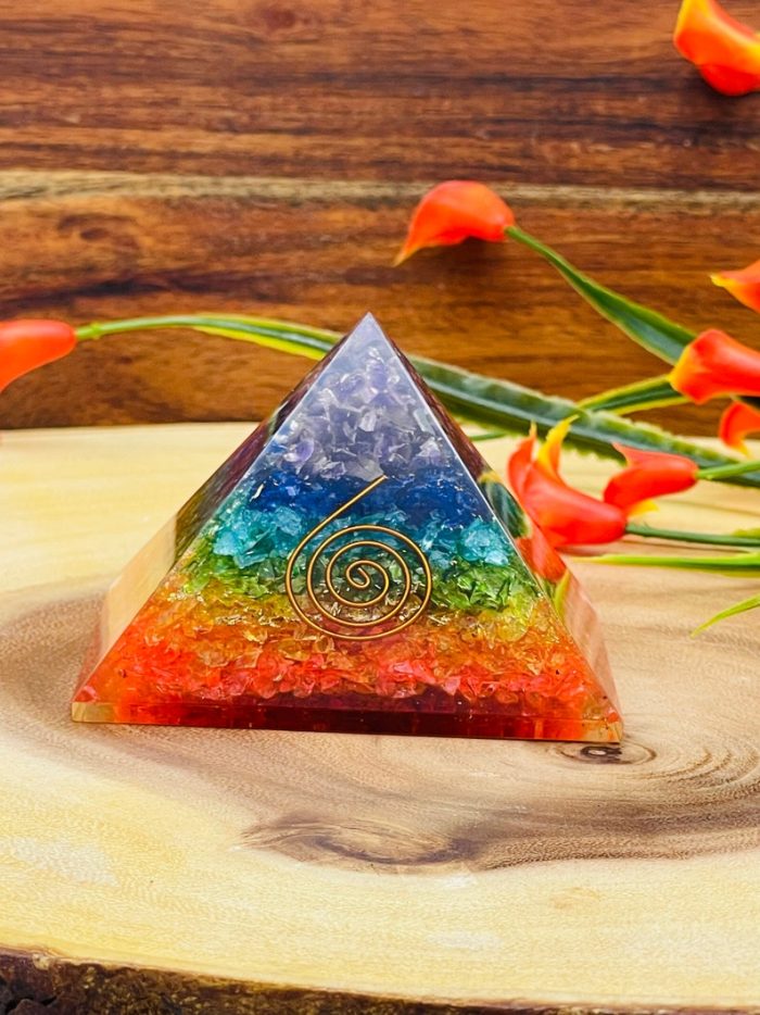 7 Chakra Layered Orgone Pyramid with Reiki Symbol of Spiral | Chakra Healing Crystals | Chakra Chip Orgonite Pyramid | Reiki Crystals | 3"