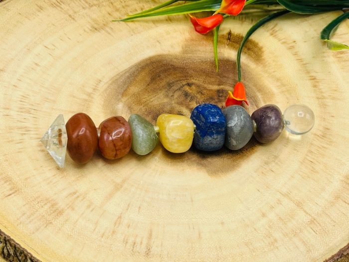 7 Chakra Tumbled Stone Wand | Polished Stones | 7 Chakra Clear Quartz Pyramid Pointer Wand | Reiki Stone | Massage Healing Wand | 6 inch