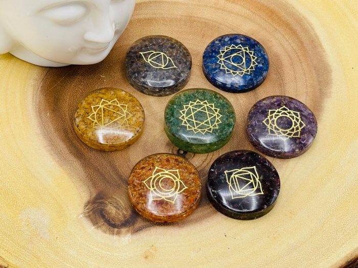 7 Chakra Round Orgone Smooth Stone Set With Engraved Chakra Symbols | Chakra Healing Palm Crystal | Reiki Chakra | Chakra Pocket Stones