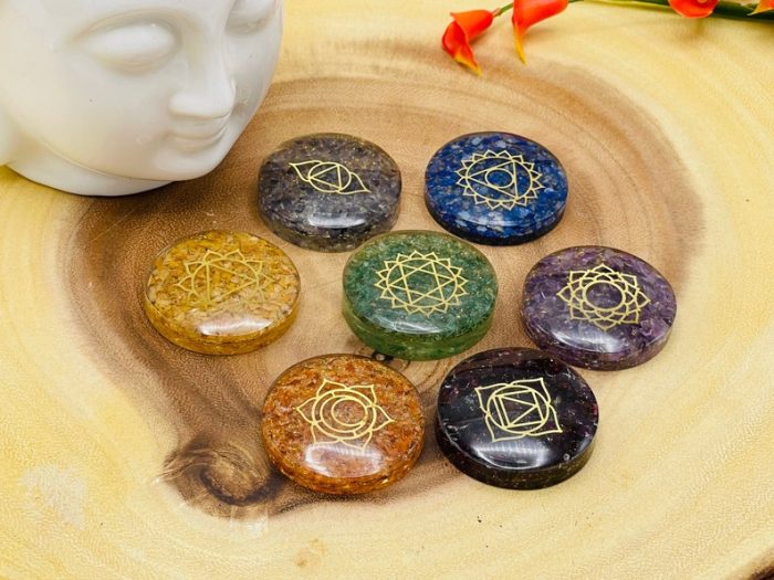 7 Chakra Round Orgone Smooth Stone Set With Engraved Chakra Symbols | Chakra Healing Palm Crystal | Reiki Chakra | Chakra Pocket Stones