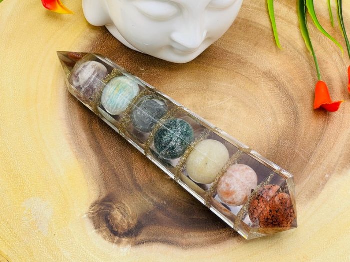 7 Chakra Tumbled Stone Orgone Wand | Polish Stones | 7 Chakra Wand | Reiki Stone | Massage Healing Wand | 6 inch