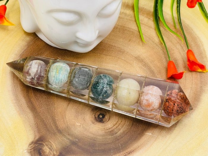 7 Chakra Tumbled Stone Orgone Wand | Polish Stones | 7 Chakra Wand | Reiki Stone | Massage Healing Wand | 6 inch