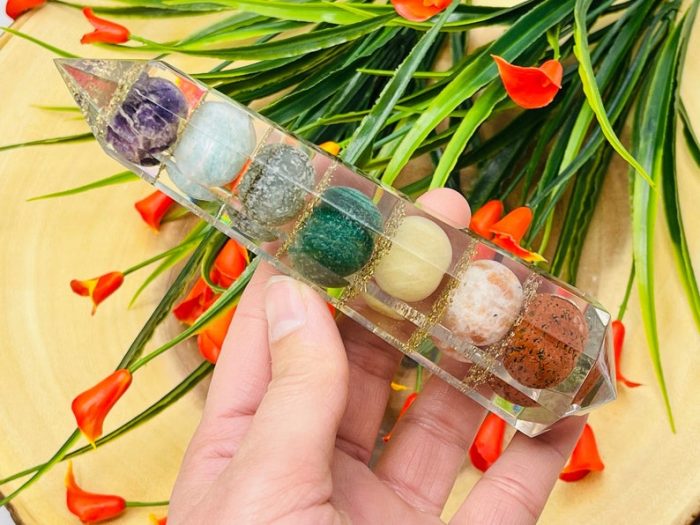 7 Chakra Tumbled Stone Orgone Wand | Polish Stones | 7 Chakra Wand | Reiki Stone | Massage Healing Wand | 6 inch