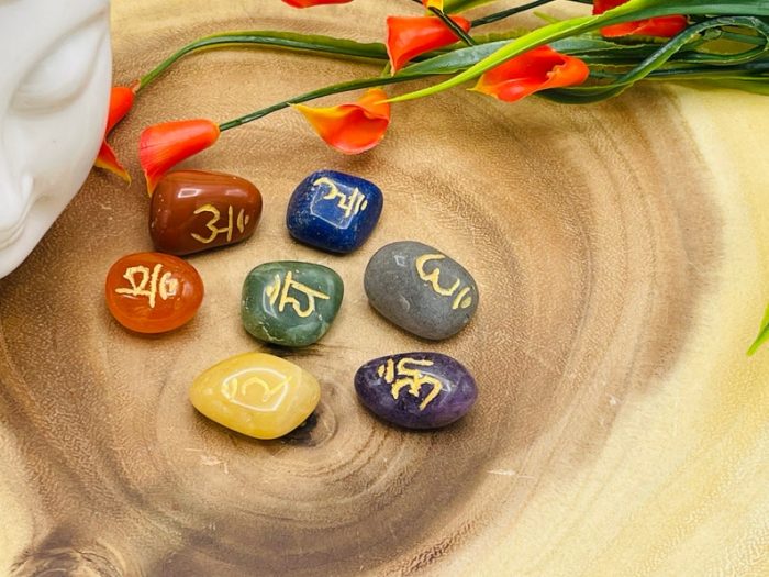 7 Chakra Sanskrit Tumbled Stone Set with Chakra Symbols | Polished Stones | Chakra Healing Crystals | Chakra Protection Healing Set