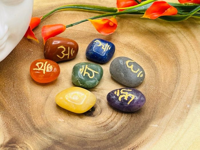 7 Chakra Sanskrit Tumbled Stone Set with Chakra Symbols | Polished Stones | Chakra Healing Crystals | Chakra Protection Healing Set