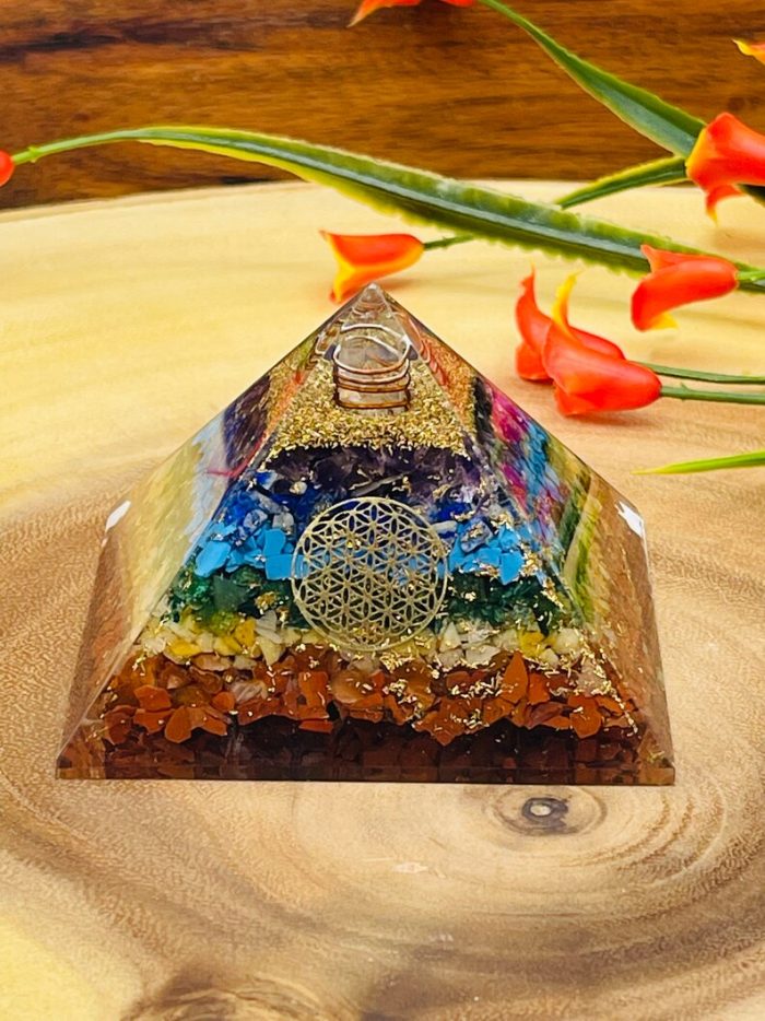 7 Chakra Layered Orgone Pyramid with Symbol of Flower of Life | Chakra Healing Crystals | Life Energy Pyramid | Reiki Crystals | 3 inch