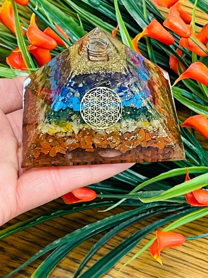 7 Chakra Layered Orgone Pyramid with Symbol of Flower of Life | Chakra Healing Crystals | Life Energy Pyramid | Reiki Crystals | 3 inch