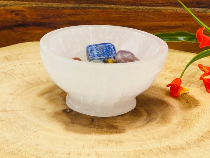 Selenite Pedestal Bowl with 7 Chakra Tumbled Gemstones & Velvet Pouch | Charging Station | Chakra Tumbled Rocks | Chakra Tumbled Crystals