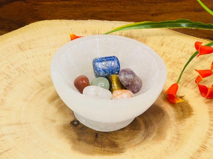 Selenite Pedestal Bowl with 7 Chakra Tumbled Gemstones